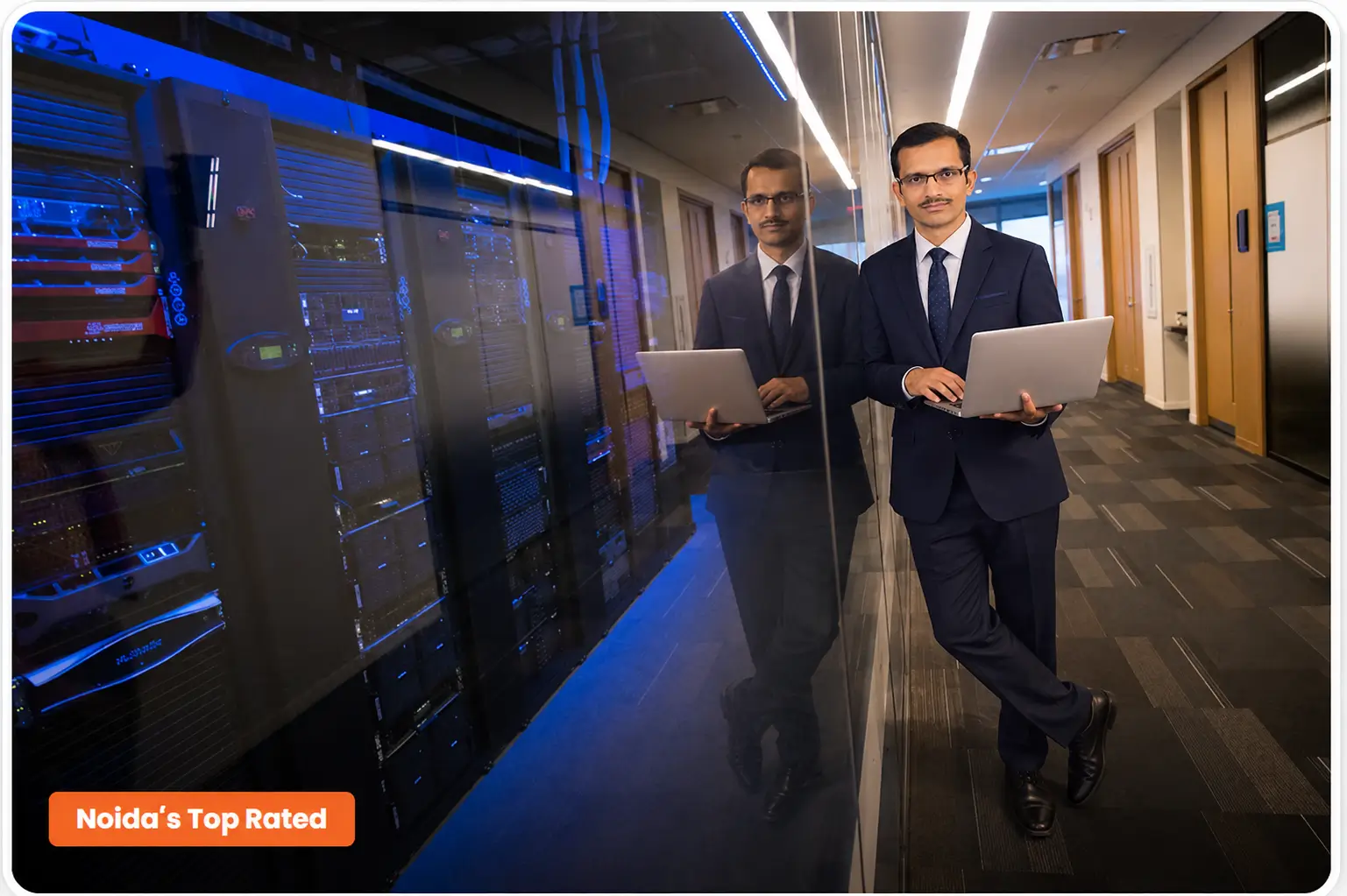 Prabhat Software professional IT expert in Noida standing with laptop near enterprise server infrastructure and data center systems